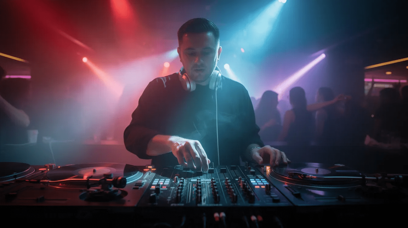 A DJ is energetically performing behind turntables at a dimly lit nightclub, surrounded by colorful lights that enhance the vibrant atmosphere. The scene captures the essence of a DJ career, showcasing their skills in mixing tracks and engaging the dance floor with their extensive music library.