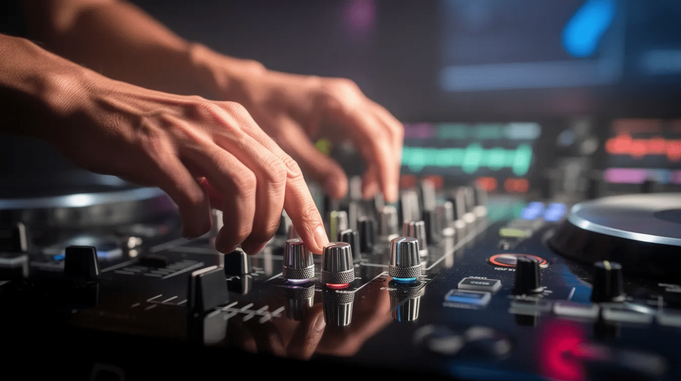 A close-up image shows hands skillfully adjusting the knobs on a DJ controller, a vital piece of DJ equipment used for mixing tracks and producing music. This scene captures the essence of a DJ's technical skills and the creative process involved in playing music across various genres.
