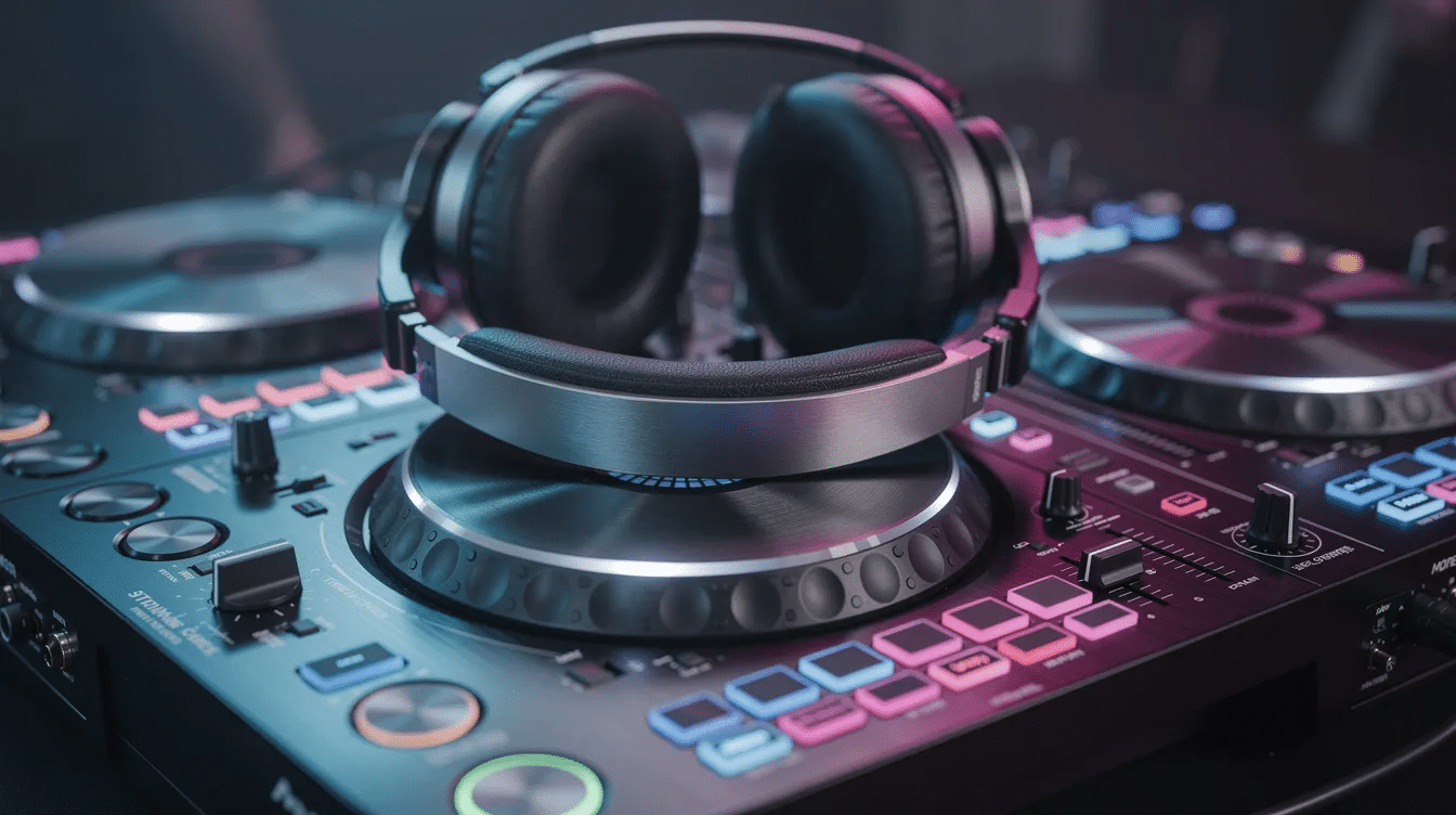The image shows a pair of DJ headphones resting on top of a mixing controller, symbolizing essential DJ equipment for music production. This setup is crucial for aspiring DJs to mix tracks and create their own music in various genres.
