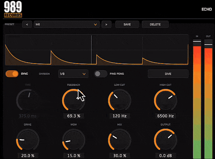 989 Echo plug-in in action: the delay taps decaying and the meters moving on a house track