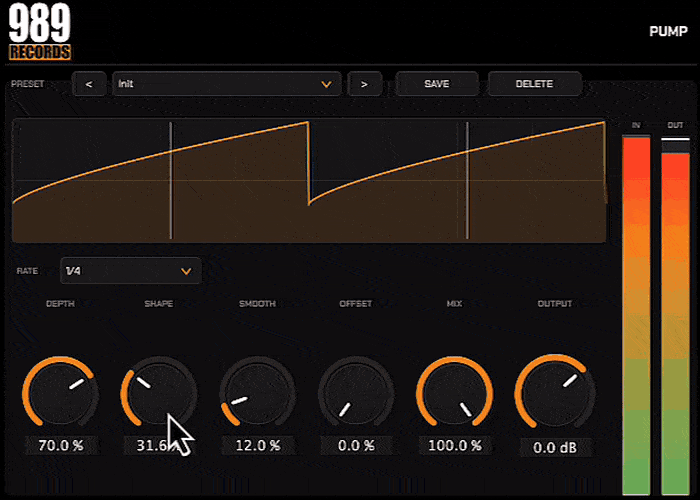 989 Pump plug-in in action: the tempo-synced curve and the meters moving on a house track