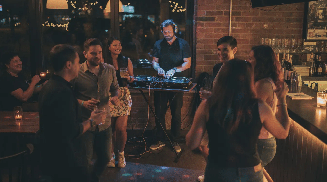 A DJ is performing at a small intimate bar, skillfully mixing tracks on their DJ equipment while people dance energetically on the floor. The atmosphere is vibrant, filled with a variety of music genres, showcasing the DJ's extensive music library and musical talent.
