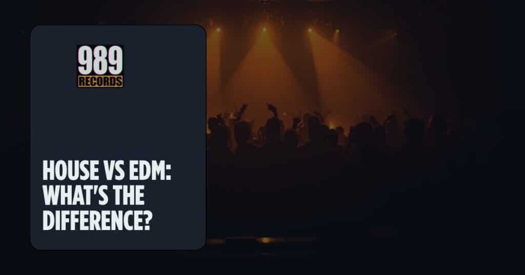 Cover image for the 989 Records blog article comparing house music and EDM, featuring a DJ booth with crowd and amber stage lights