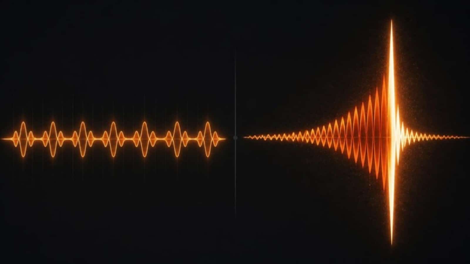 Side-by-side abstract illustration contrasting a continuous looping house music waveform with a rising EDM build-up leading into a single dramatic drop
