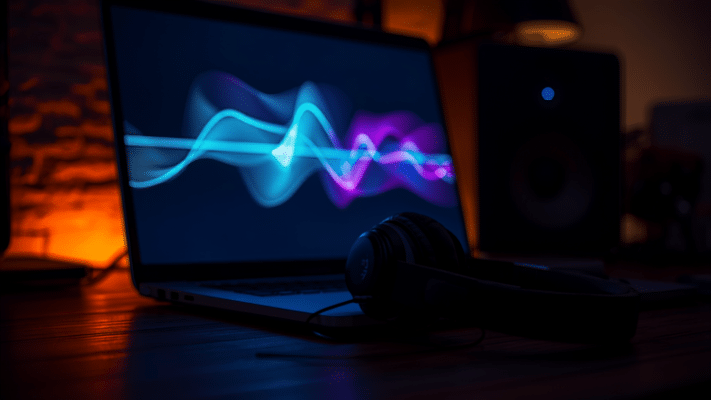 Laptop screen showing an abstract DJ music library waveform view next to a pair of headphones