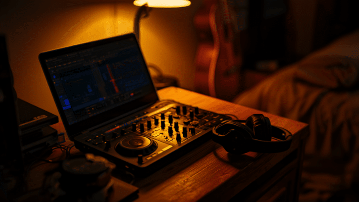 A home bedroom DJ practice setup with a compact controller, laptop, and headphones
