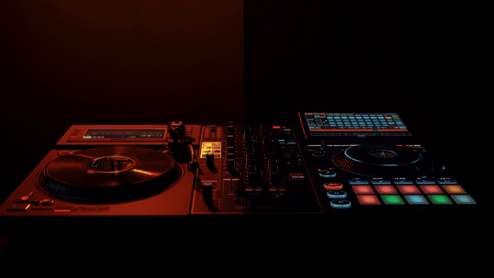 Side-by-side comparison of vinyl turntables and a digital DJ controller, representing different DJ paths