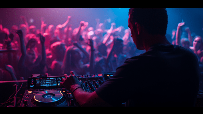 A DJ performing at CDJs and a mixer, reading the crowd on a busy club dance floor