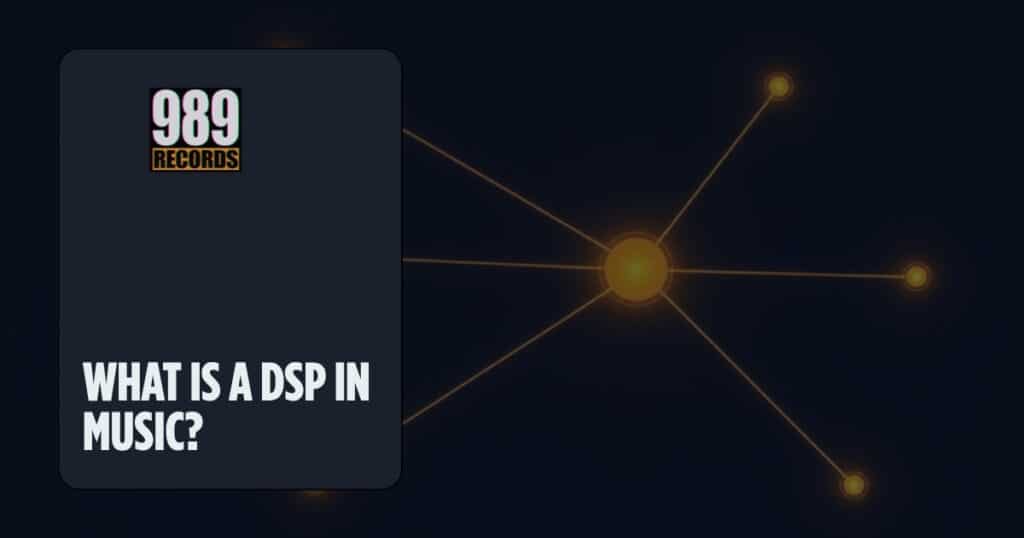 Abstract network diagram: a central glowing node distributing to several smaller nodes, representing a DSP distributing music to listeners