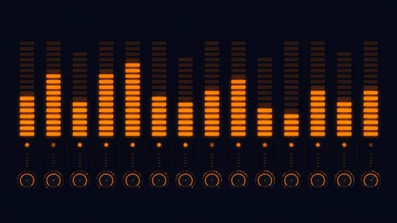 Abstract amber equalizer bars and knob icons on a dark background