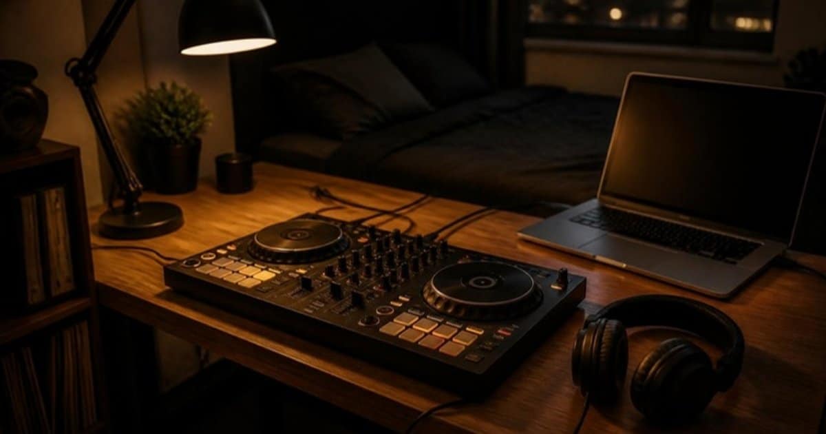 Two-channel DJ controller, laptop and headphones on a bedroom desk, a typical setup for teaching yourself to DJ at home